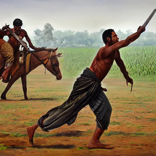 Image similar to portrait of head and body, single bangla farmer fighting, hand to hand combat with machete, full body view, long flowing hair, fighting for his life, nebula aura surrounding subject, horseback combat attacker foreground, islamic revolution, mongolian invasion of iraq, background of invading army, nestor canavarro hyperrealist art style, sharp brushstrokes