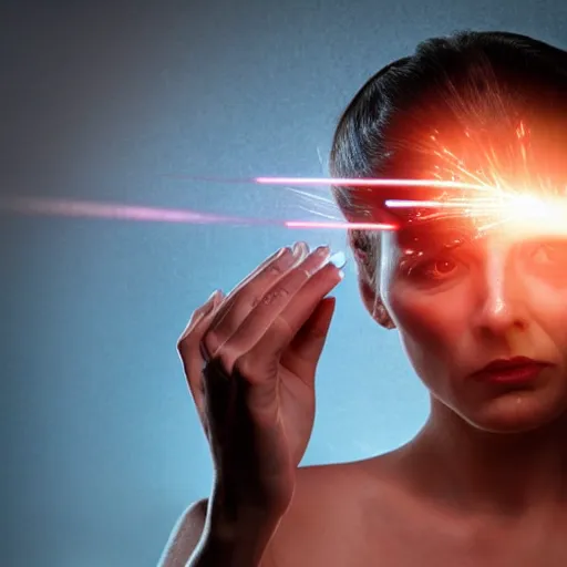 Image similar to an angry looking woman with lasers beams coming from her eyes giving her husband the look