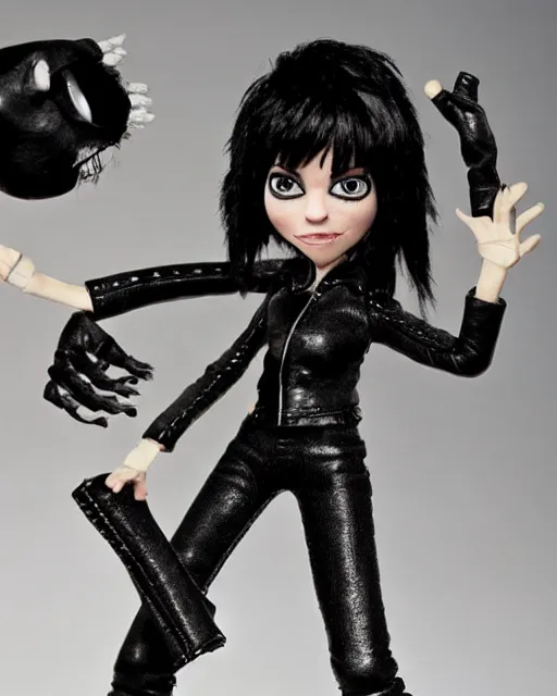 Image similar to singer joan jett wearing form fitting leather pants as a highly detailed stop motion puppet, in the style of laika studios ’ s paranorman, coraline, kubo and the two strings shot in the style