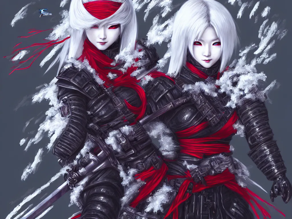 Prompt: portrait of female ninja gaiden momiji, metalic frost cyber ninja respirator, stormy snowy fiji mountain, incredibly beautiful, armored, highly detailed, digital painting, final fantasy, sharp focus, behance contest winner, ultrafine illustration, art by tan zi and ayanamikodon and alphonse mucha and wlop