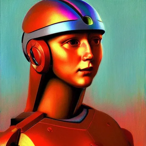 Image similar to artificial intelligence powered robot, in a galactic setting ultra-realistic in the colourful style of leonardo da vinci artstation hd oil painting and edward hooper, renaissance painting deviant artstation iridescent
