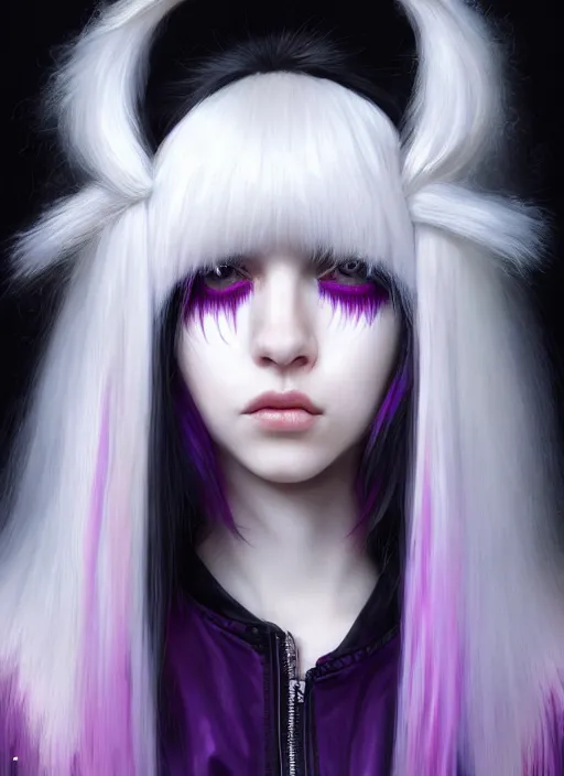 Image similar to hair whitebangs hair, black cyberlox, portrait of normal teenage girl, white bangs, messy bangs, fluffy bangs, cyberlox, whitebangs, red irises, purple background, intricate, elegant, highly detailed, digital painting, artstation, concept art, sharp focus, smooth, illustration, art by wlop, mars ravelo and greg rutkowski