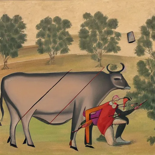 Prompt: painting of a big cow with a long curved neck playing violin in a medivial styled field with three peasants spitting on it's face