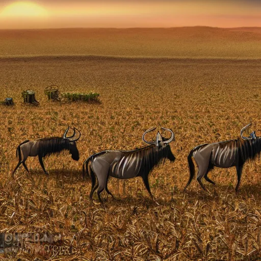 Prompt: tiny green sprouts rummaging in a corn maze chased by a wildebeest on mars, 4k photograph