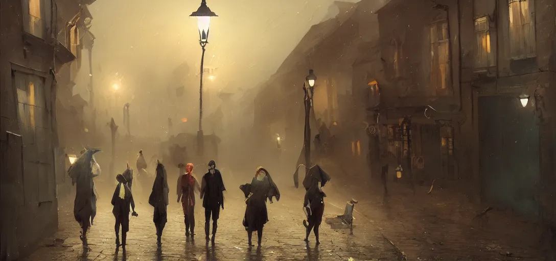 Prompt: a painting of a group of people walking down an old cobbled street at night with street lamps and houses, by Sergey Kolesov, Stanley Artgermm, Tom Bagshaw, Greg Rutkowski, Carne Griffiths, trending on Artstation, 8k, masterpiece, graffiti paint, dishonored, fine detail, full of color, intricate detail