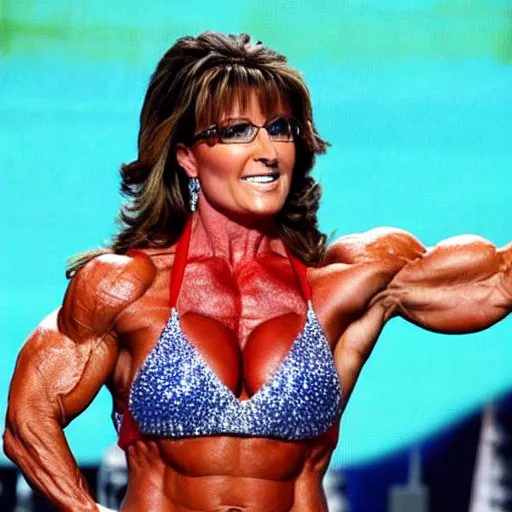 Image similar to Sarah Palin bodybuilder on steroids, huge muscles, very tan, screaming and flexing on stage at the republican national convention