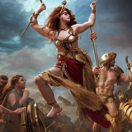 Image similar to Greek goddess Athena fighting with stupidity, stupidity is represented by horde of internet influencers, realistic person, spear in the right hand, long hair, detailed body and face, natural look, realistic photography, hyper realistic, highly detailed, 4k, battle landscape, high quality image, couraging and atmospheric composition