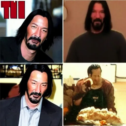 Prompt: the Sad Keanu meme, but Keanu is eating a whole chicken