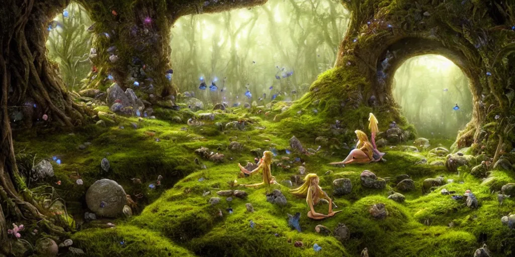 Image similar to fairies in the shire scenery landscape, lord of the rings, stone monoliths, mushroom structures,, moss, fireflies, highly detailed, vivid color, perfect lighting, perfect composition, 8 k, brian froud, artgerm, derek zabrocki, greg rutkowski