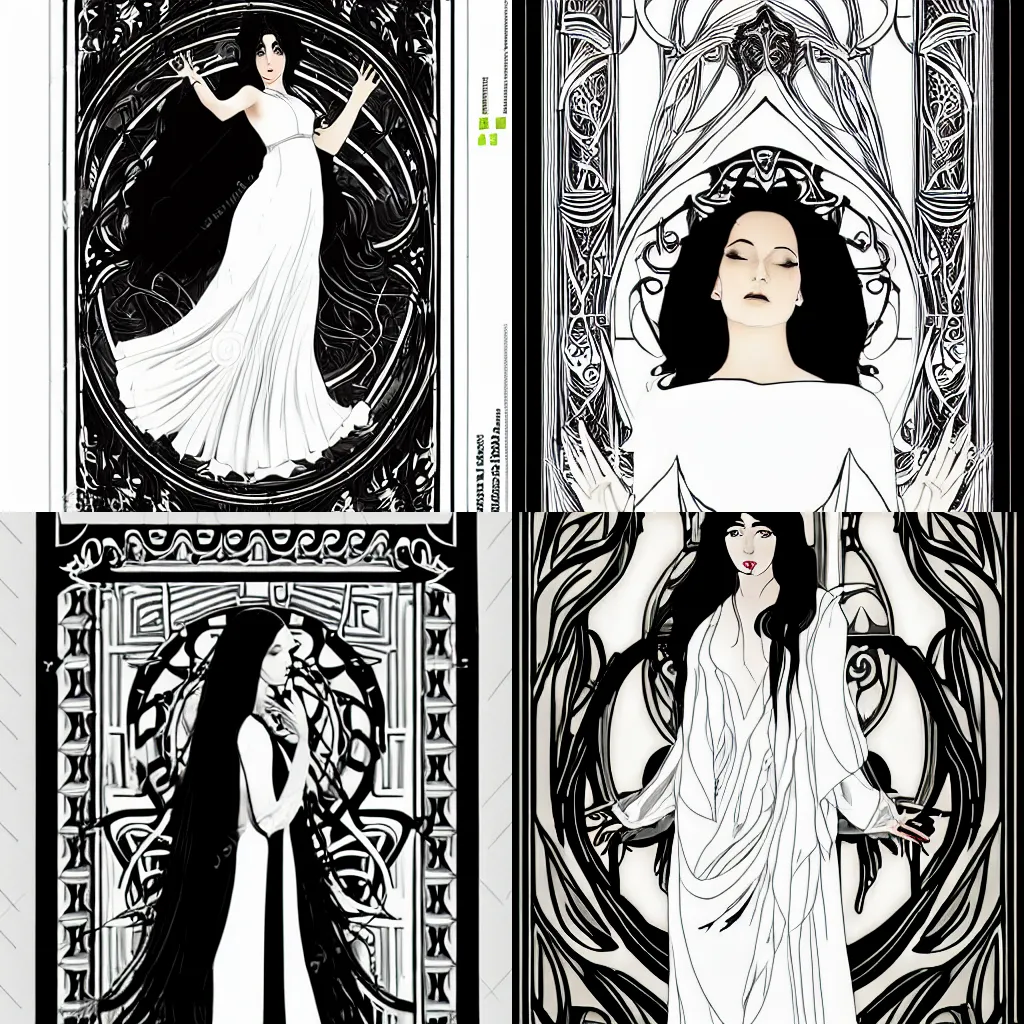 Prompt: studio light, art nouveau temple, long shot black haired priestess in white flowing dress, art nouveau, clean lines