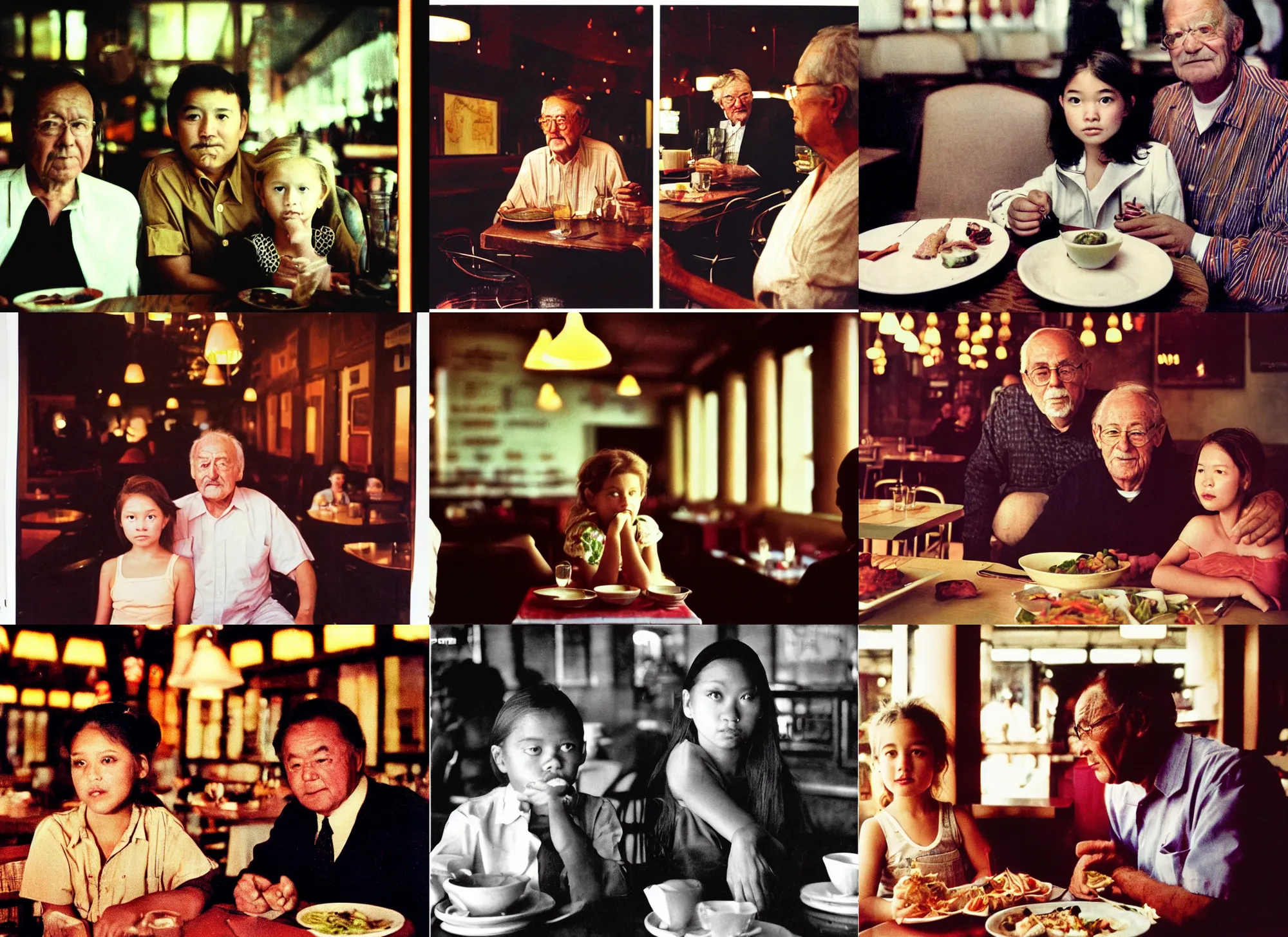 Prompt: a middle - shot, color travel photograph portrait of a girl in the restaurant with her grandpa, dramatic lighting, 1 9 9 0 photo from live magazine.