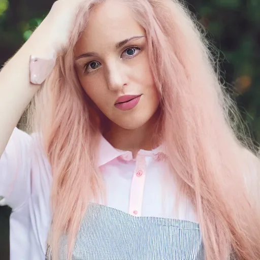 Prompt: beautiful woman with long blonde hair wearing dungarees and a light pink shirt, still, photograph, highly detailed