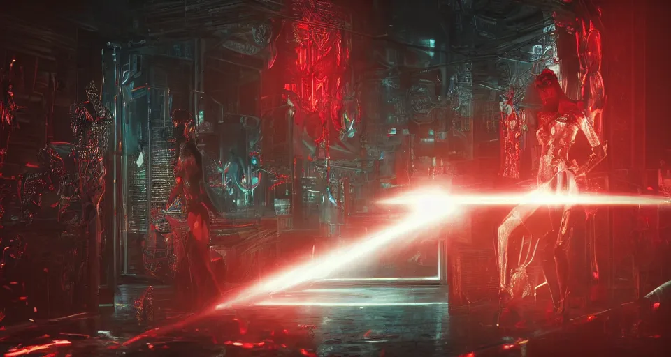 Image similar to a very hot scarlet asian necromancer in cyberpunk-plate-armor, Ultra-HD, doing a summoning futuristic ritual with holograms, Volumetric Lighting, Screen Space Global Illumination, Opaque, Optics, Lumen Reflections, VFX, insanely detailed and intricate, hypermaximalist, elegant, ornate, hyper realistic, super detailed, full body, octane render, unreal engine