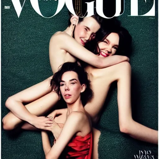 Image similar to stunning vogue magazine photo of dark - haired goddesses vanessa kirby, hailee steinfeld, and bjork smiling, legs intertwined, laying back on the bed, with wet faces!!, wet lips, smooth skin, perfect eyes, insanely detailed, elegant, by wlop, rutkowski, livia prima, mucha, wlop,