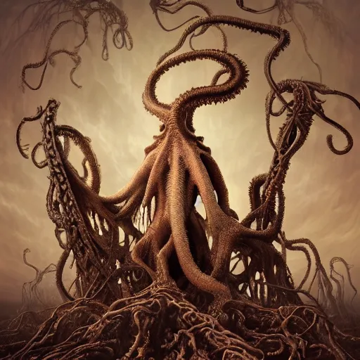 Prompt: still life of the giant ancient Cthulhu rising from the depths, surreal alien ribbed fruit flowers, white human spine, covered with tentacles, roots, wires, tubes, baroque painting, standing in a desolate empty wasteland, creepy, nightmare, dream-like heavy atmosphere, surreal abandoned buildings, baroque painting, beautiful detailed intricate insanely detailed octane render trending on Artstation, 8K artistic photography, photorealistic, chiaroscuro, Raphael, Caravaggio, Beksinski, Giger