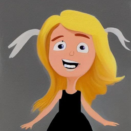 Prompt: a painting of an angel, a young woman with long blond hair and a halo smiling in heaven, wearing a black top and gray multi - color dress, pixar, animated, cute