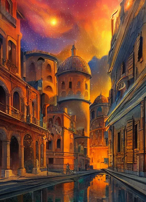 Prompt: ethereal starlit city of magic lost in time at sunset, italian futurism, da vinci, hd, digital painting