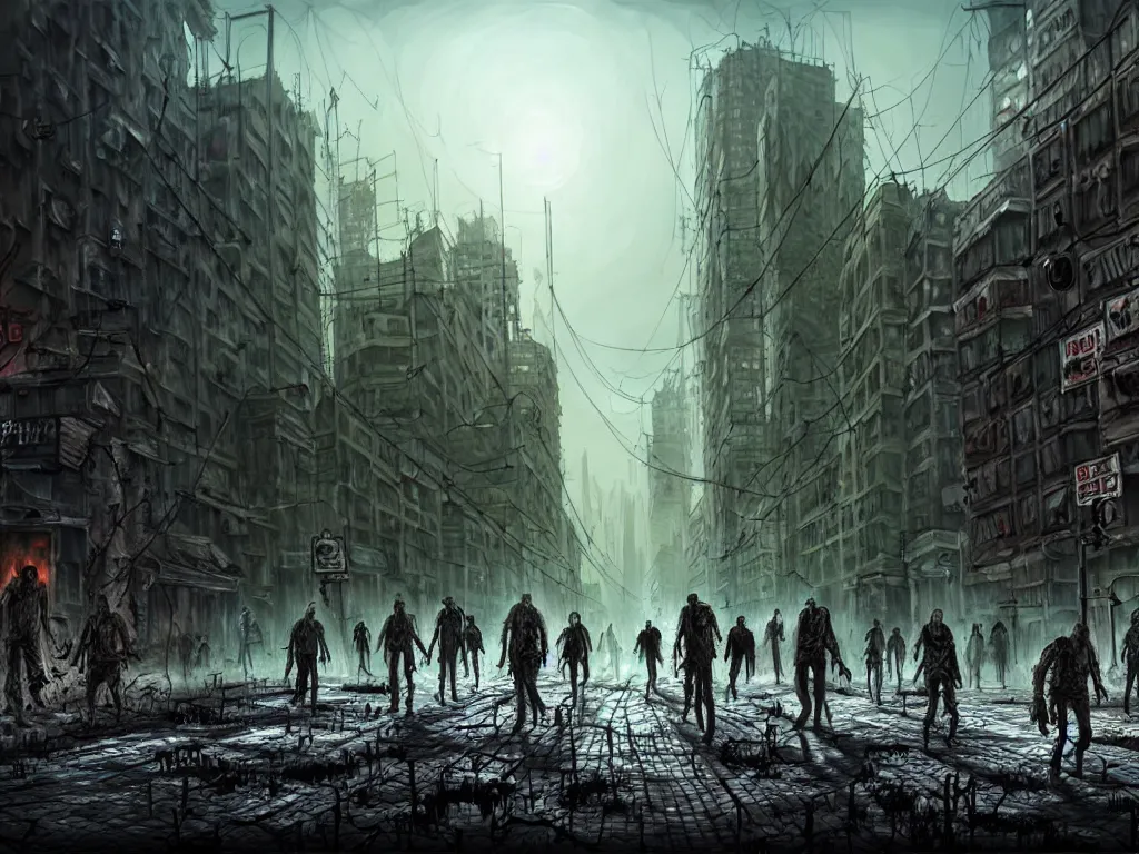 Prompt: post apocalyptic city landscape zombies roaming, very highly detailed, digital painting, 4 k, sharp focus, art