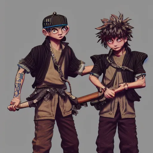 Image similar to rpg character concept art, twin brothers being cute and gangsta, intricate detail, in the style of jamie hewlett kawase hasui riyoko ikeda, 3 d render, artstation trending, 8 k, octane render, photorealistic, sharp detail, manga, black and white