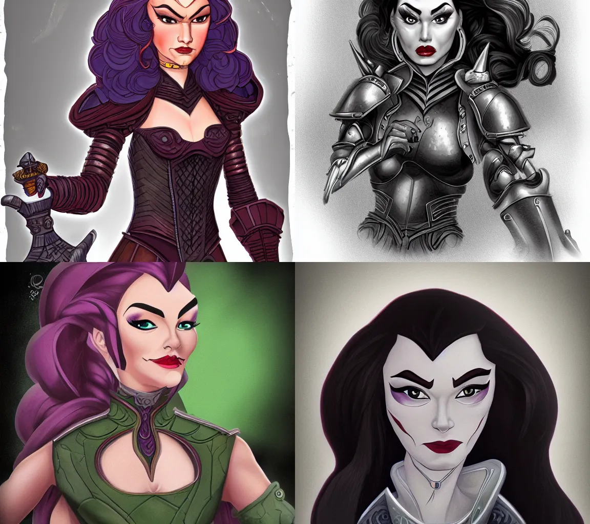 Prompt: Portrait, female Disney villain, armored, hyper-detailed