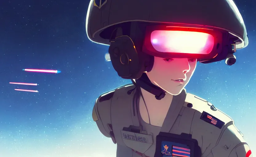 Prompt: portrait of pilot girl inside jet strike unit, dogfighting a ufo with lasers, black sky background, battlefield landscape, illustration concept art anime key visual trending pixiv fanbox by wlop and greg rutkowski and makoto shinkai and studio ghibli and kyoto animation, soldier clothing, cockpit instruments