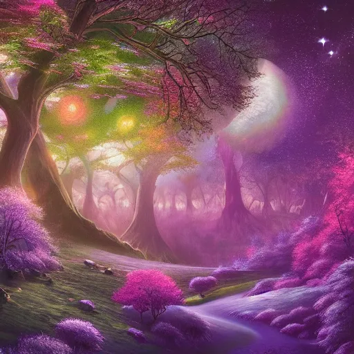 Prompt: a beautiful ultradetailed cosmic landscape of a magical forest, wallpaper, purple, blue, highly detailed, trending on artstation.