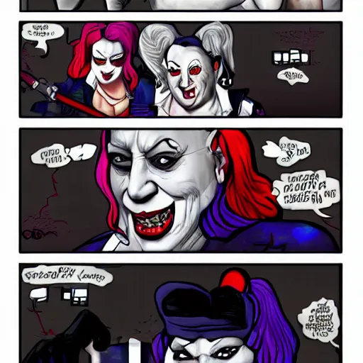 Image similar to Harley Quinn as a wrinkly old had