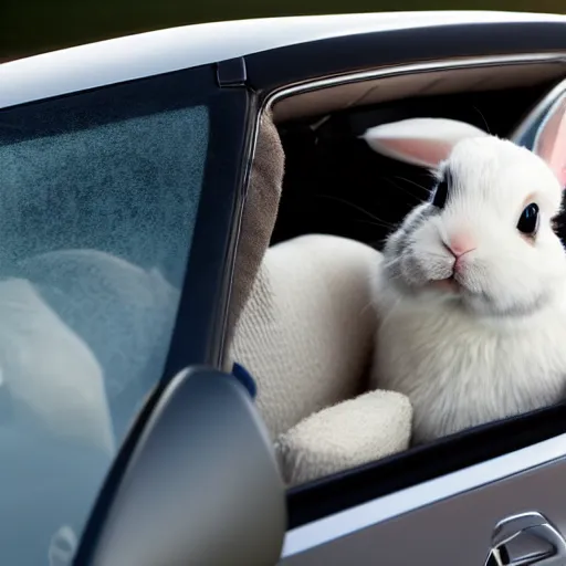 Image similar to a cute bunny driving a convertible, studio photo, high quality