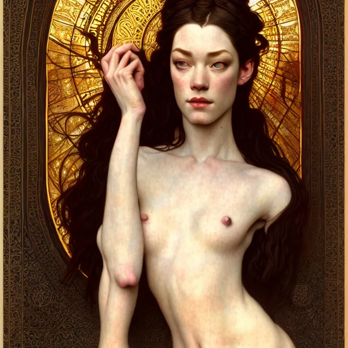 Prompt: ancient queen stoya, symetrical, diffuse lighting, fantasy, intricate, elegant, highly detailed, lifelike, photorealistic, digital painting, artstation, illustration, concept art, 4 k, smooth, sharp focus, art by john collier and albert aublet and krenz cushart and artem demura and alphonse mucha