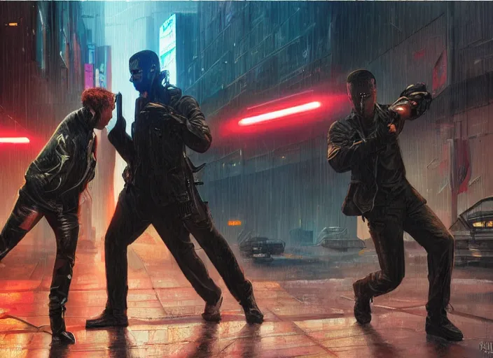 Prompt: joshua defeats sgt griggs. cyberpunk assassin knocking out menacing police trooper griggs ( blade runner 2 0 4 9, dystopian, cyberpunk 2 0 7 7 character design ). epic painting by james gurney and laurie greasley, oil on canvas. cinematic, hyper realism, realistic proportions, anatomy, dramatic lighting, high detail 4 k