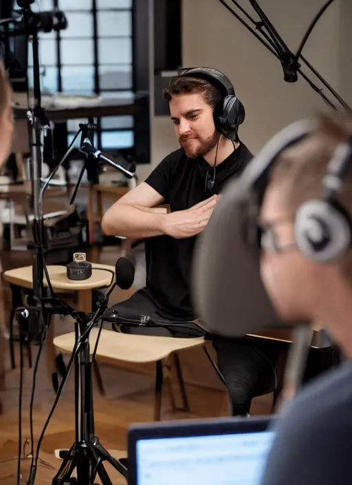 Image similar to photograph of aquinas recording a podcast wearing headphones 8k UHD detailed 85mm CANON EOS