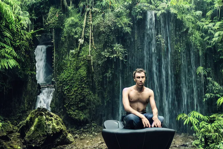 Image similar to movie closeup young man with a grey beard in a cyberpunk suit sitting on a futuristic chair at the edge of a jungle waterfall by emmanuel lubezki