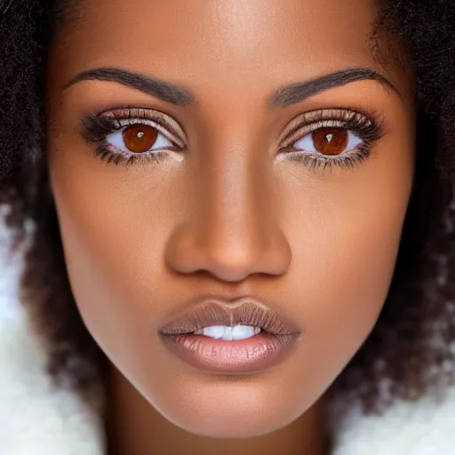 Image similar to a closeup portrait of a black woman with brown hair and brown eyes. Extremely clear and high quality eyes with reflection, realistic face and details, clear lips and high quality