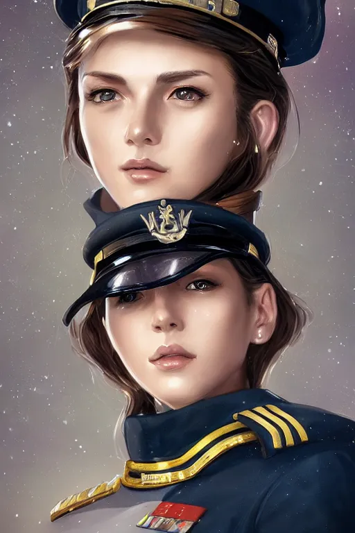 Image similar to beautiful portrait of a female officer wearing a fancy naval uniform, art by wlop and artgerm, science fiction, detailed eyes, spaceship interior, trending on artstation, sharp focus, illustration, caustics, octane render, 4 k, radiant light