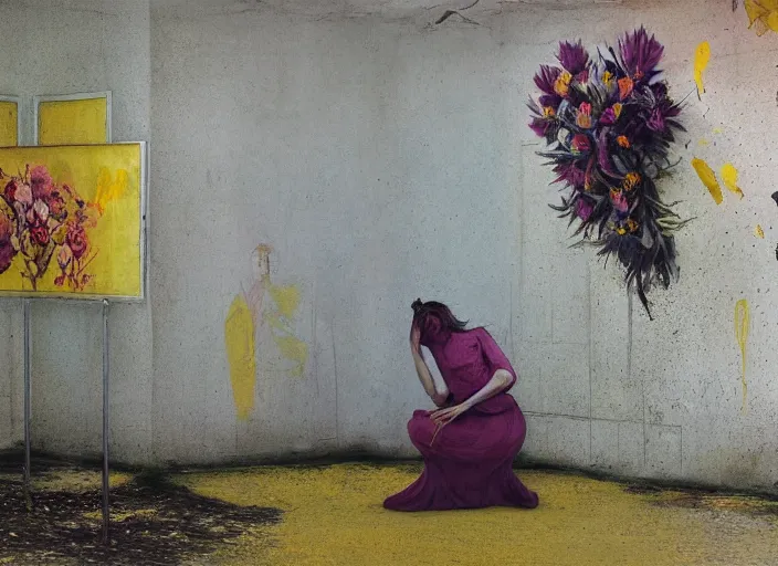 Image similar to kneeling figure in on yellow pavement, painterly, interior of bus stop, peeling posters on wall, flowers and plants growing from figure, by lisa yuskavage, francis bacon, zdzislaw beksinski, james jean