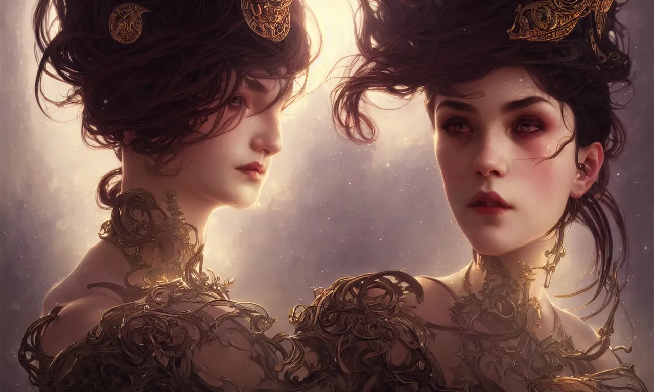 Prompt: portrait of chaos goddess closeup filled background around face, fantasy magic, undercut hairstyle, dark light night, intricate, elegant, sharp focus, illustration, highly detailed, digital painting, concept art, matte, art by wlop and artgerm and greg rutkowski and alphonse mucha, masterpiece