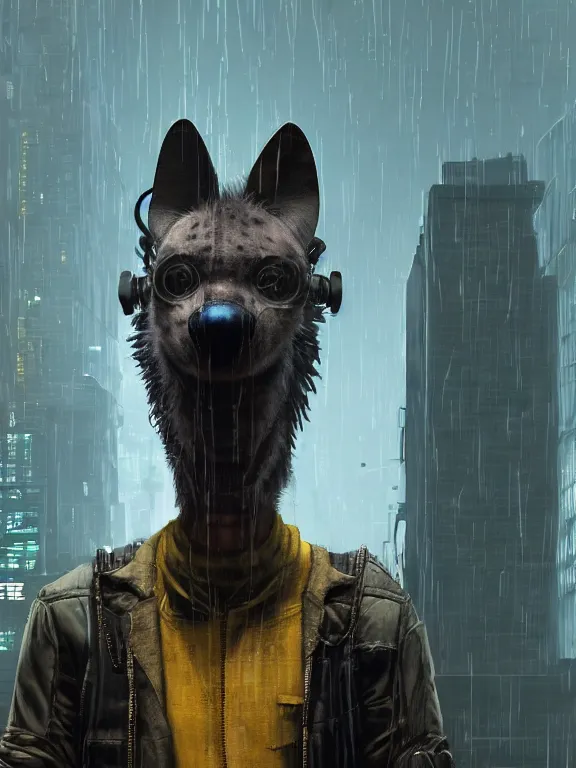 Image similar to new york city portrait of furry anthro anthropomorphic spotted hyena head animal person fursona wearing clothes strange cybernetic muzzle gloomy rainy screenshot from the video game cyberpunk 2077 digital art by Greg Rutkowski, Simon Stalenhag, christopher nolan trending on Artstation, CGSociety