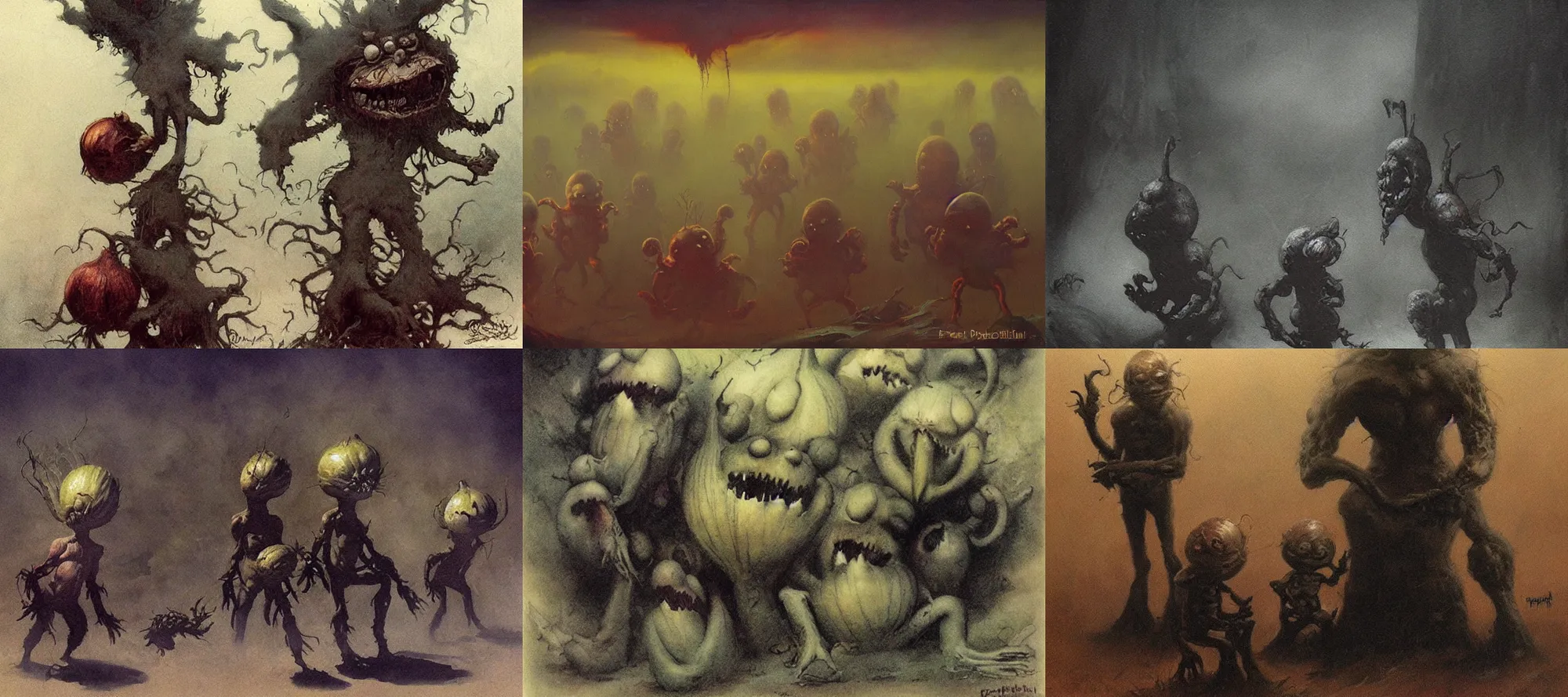 Prompt: onion creatures within the fog by Frank Frazetta, creepy, atmospheric, shadowy onions, liminal