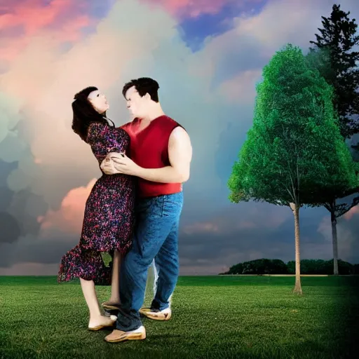 Image similar to a giantess man with a giant woman dancing together, enormous, big, photoshop, photo manipulation, trees, houses, street, romantic image