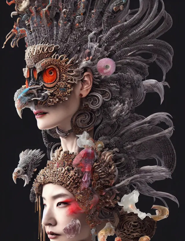 Image similar to 3 d goddess of hell close - up profile portrait with ram skull. beautiful intricately detailed japanese crow kitsune mask and clasical japanese kimono. betta fish, jellyfish phoenix, bio luminescent, plasma, ice, water, wind, creature, artwork by tooth wu and wlop and beeple and greg rutkowski