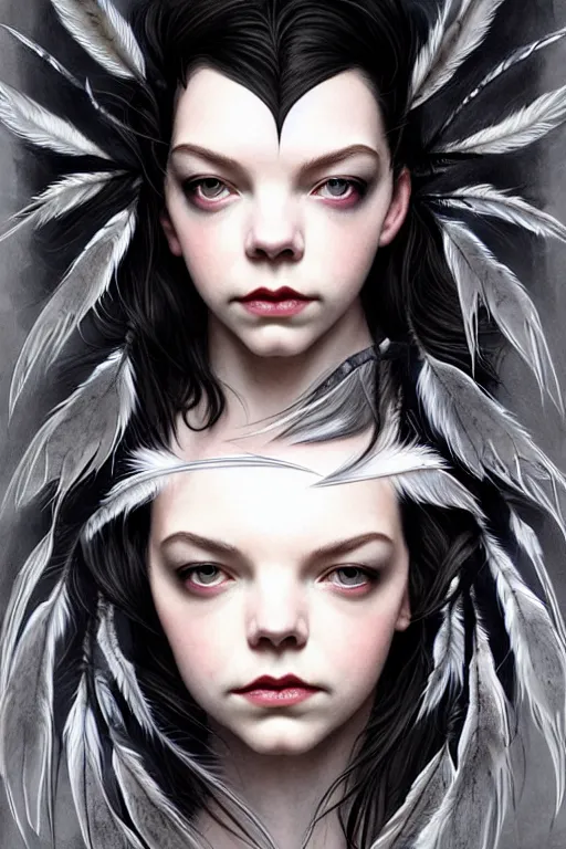 Image similar to symmetry!! jennifer connely mixed with anya taylor - joy as dark fae, black feathers instead of hair, feathers growing out of skin, shapeshifting, long black cloak, intricate, elegant, highly detailed, my rendition, digital painting, artstation, concept art, smooth, sharp focus, illustration, art by artgerm and greg rutkowski and alphonse mucha