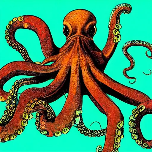 Image similar to screenshot of a page from a 1990s natural history book on octopus anatomy notes on illustrations by davinci,jamie hewlett,steven wiltshire,vivid bright colour pallette, high contrast, cycles render