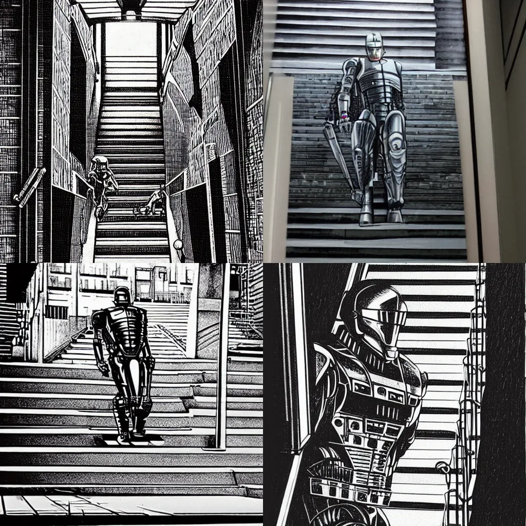 Prompt: printmaking of robocop on stairs by escher