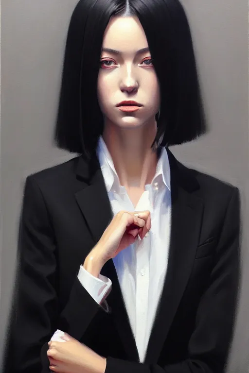 Image similar to a ultradetailed beautiful portrait panting of a stylish woman wearing a black loose fit suit with a tie, oil painting, by ilya kuvshinov, greg rutkowski and makoto shinkai, trending on artstation