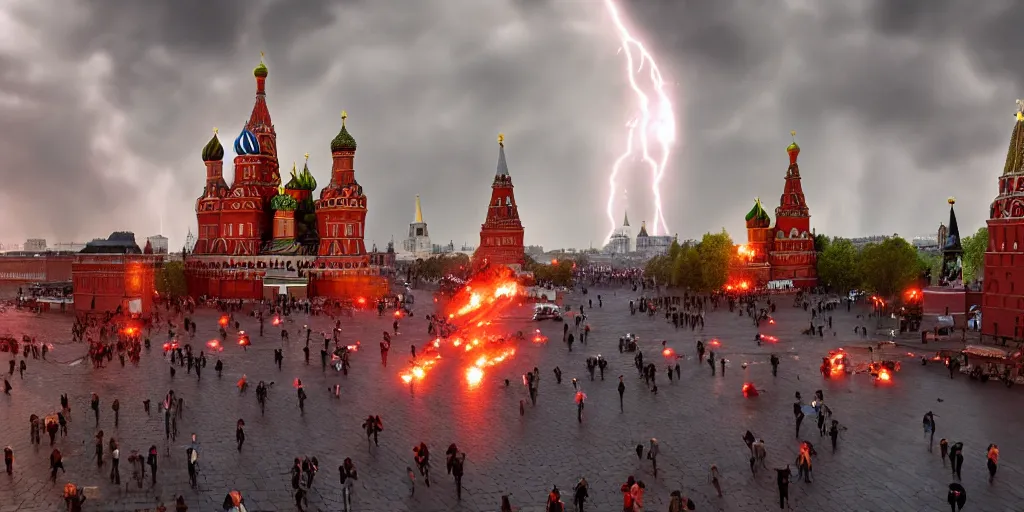 Image similar to a fiery thunderstorm with a tornado over red Square in Moscow, lot of people running and crying, photorealistic, 4k, unreal engine 5, trending on artstation, artstationHD