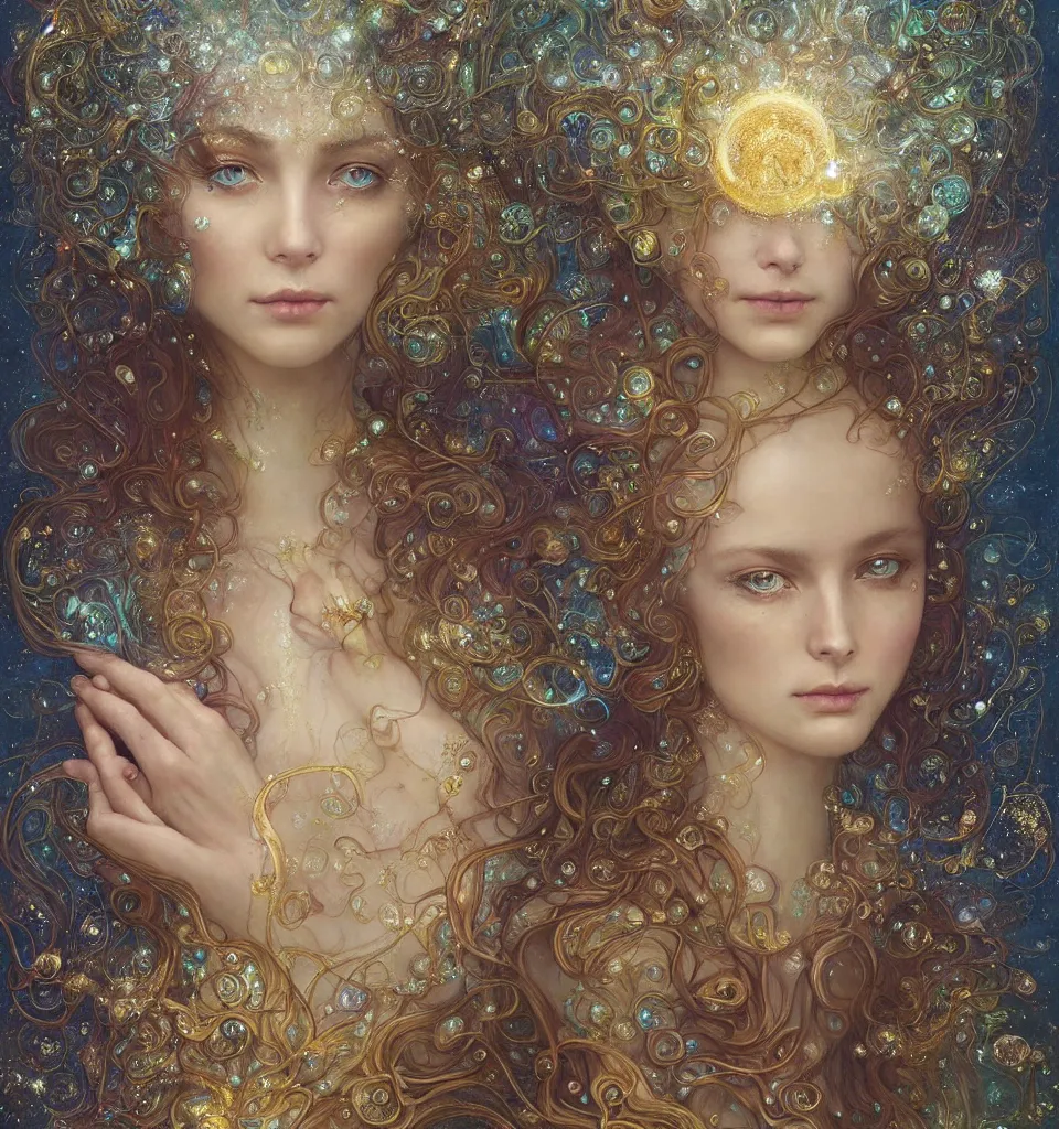 Image similar to Beautiful Delicate Detailed portrait of sun summer woman, With Magical golden eyes by Tom Bagshaw, Bastien Lecouffe Deharme, Erik Johansson, Amanda Sage, Alex Grey, Alphonse Mucha, Harry Clarke, Josephine Wall and Pino Daeni, Delicate winter frozen creature With long golden Hair and Magical Sparkling Eyes, Magic Particles; Magic Swirls, in a out of this world magical summer landscape, 4K; 64 megapixels; 8K resolution concept art; detailed painting; digital illustration; hyperrealism; trending on Artstation; Unreal Engine Photorealistic, lifelike, Unreal Engine, sharp, sharpness, detailed, 8K