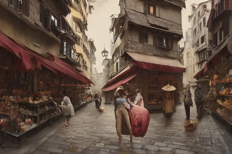 Image similar to seductive hoyeon jung shopping at ancient renaissance florence street vendors, rule of thirds, serene, face anatomy, by wlop, peter mohrbacher, james jean, jakub rebelka, visually stunning, beautiful, masterpiece