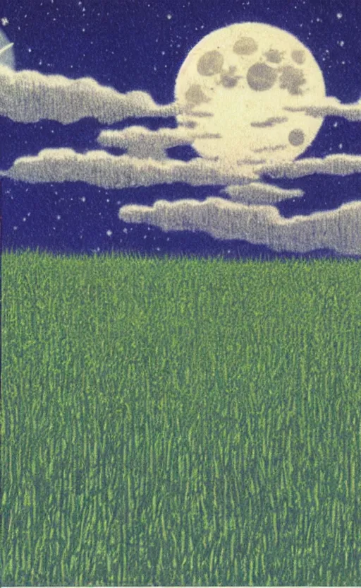 Prompt: by akio watanabe, manga art, full moon in the sky above a grass field, night, trading card front