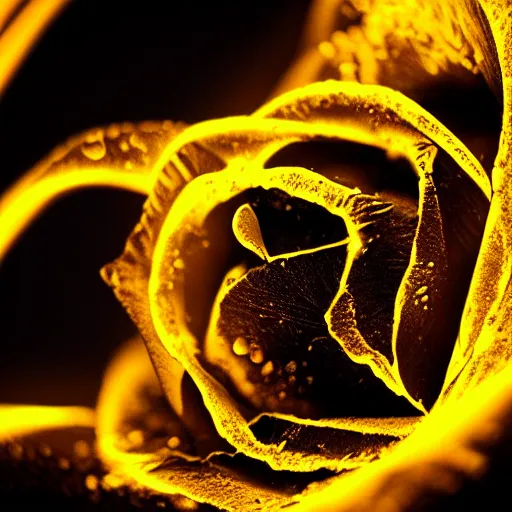 Image similar to award - winning macro of a beautiful black rose made of glowing molten magma