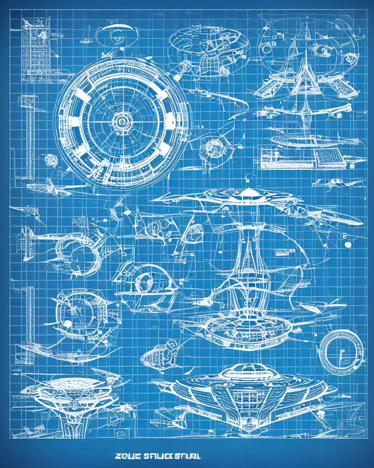 Prompt: futuristic space station, detailed blueprint and schematic with text and illustrated zoomed - in snippets, white paper, glorious intricate detailed superb, pristine clean design, center frame, concept art, with highly detailed blueprints and text, black ink outlines, blue shading marker concept art style rendering